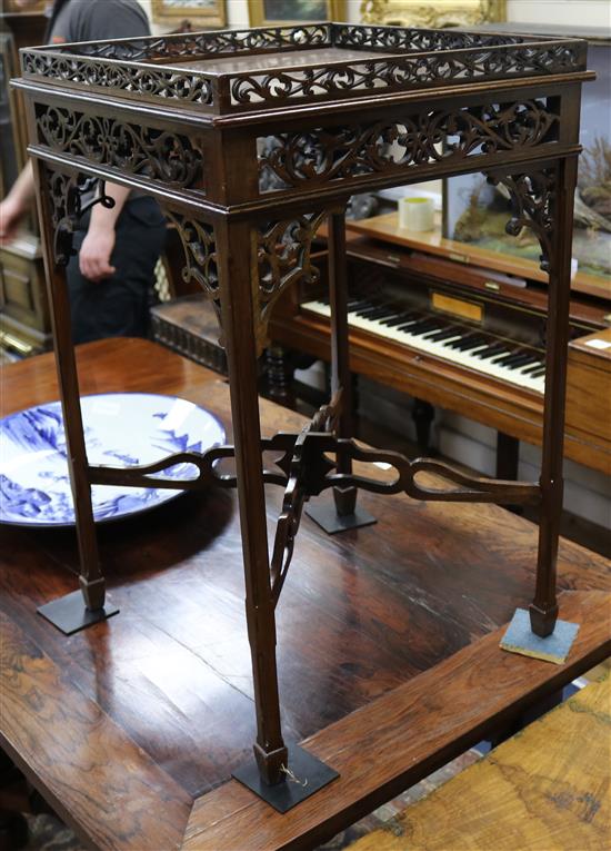 An Edwardian mahogany pierced fret work silver table, W.1ft 6in.